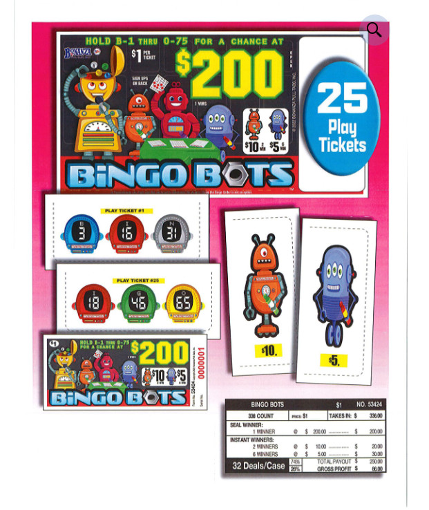 Pull Tab Ticket - Hard Card Tickets - Game -Pick Board - Bingo Bots - 366 ct