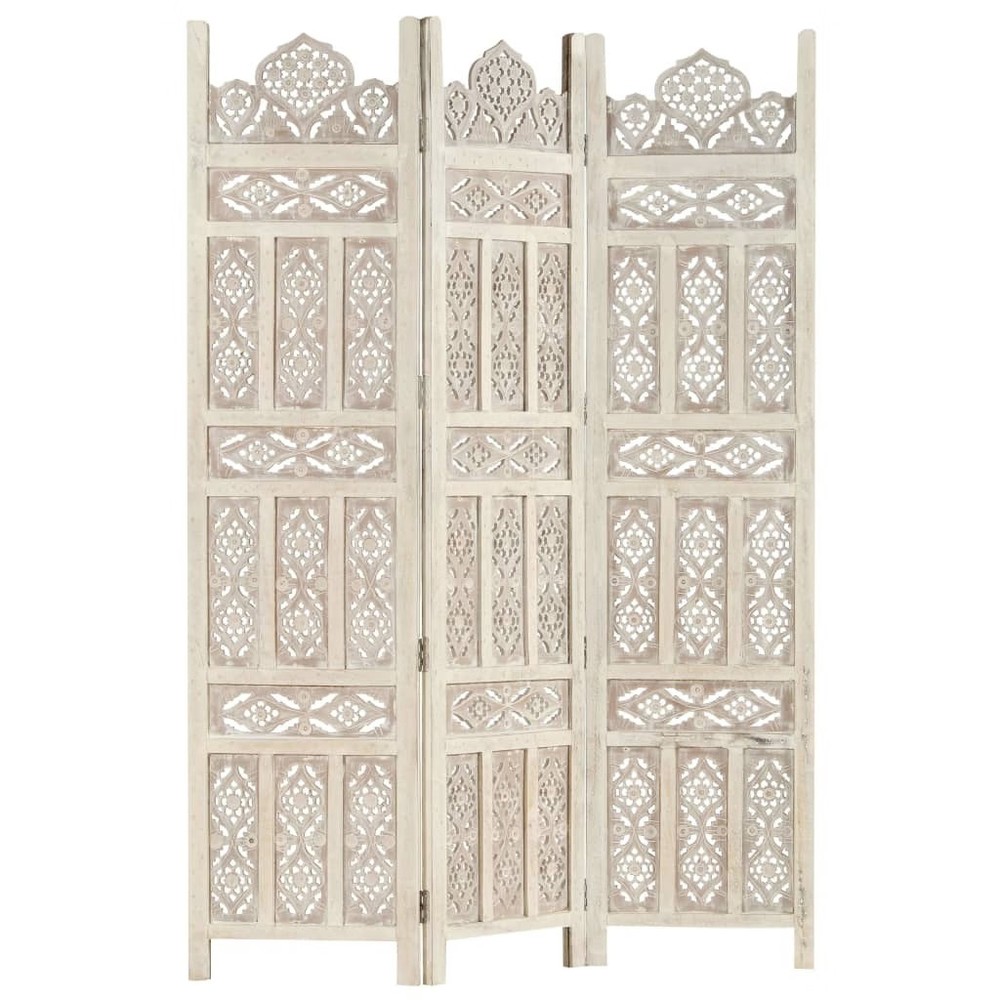 Hand carved 3-Panel Room Divider White 47.2"x65" Solid Mango Wood