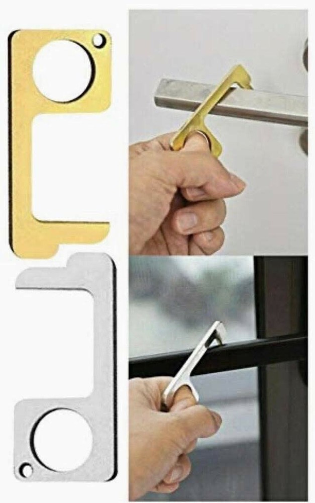 Contactless Brass Door Opener W/ Retractable Pull Reel Stepnpull Keychain SILVER