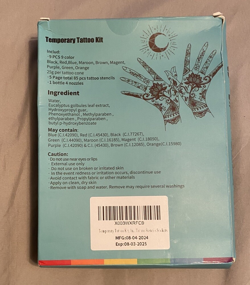 Temporary Tattoo Kit 9- Cones 9- Colors -85 Stencils