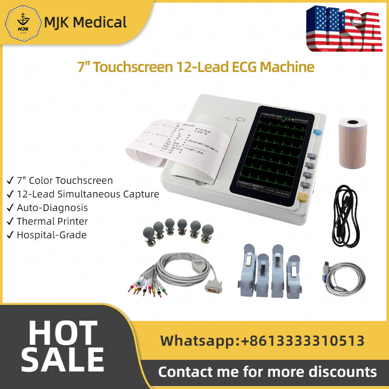 12-Lead ECG Machine, 7" Touch Screen, 3-Channel Electrocardiograph Device