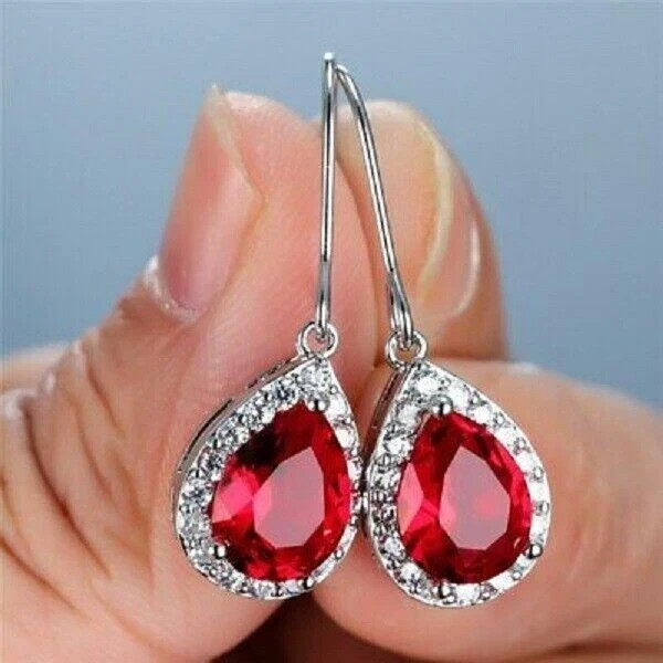 2Ct Pear Cut Lab-Created Ruby Women's Drop/Dangle Earrings 14K White Gold Plated