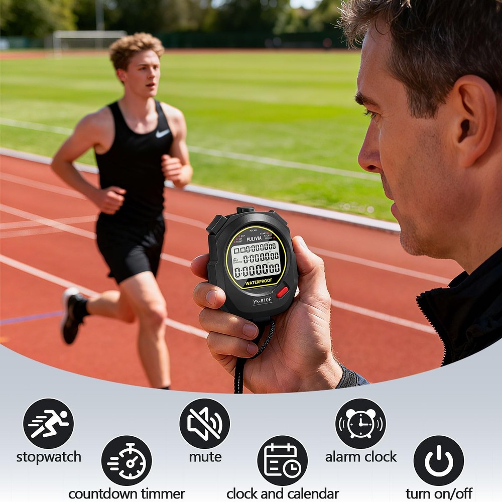 PULIVIA Waterproof Stopwatch Timer 10 Lap Split Memory Digital Stop Black