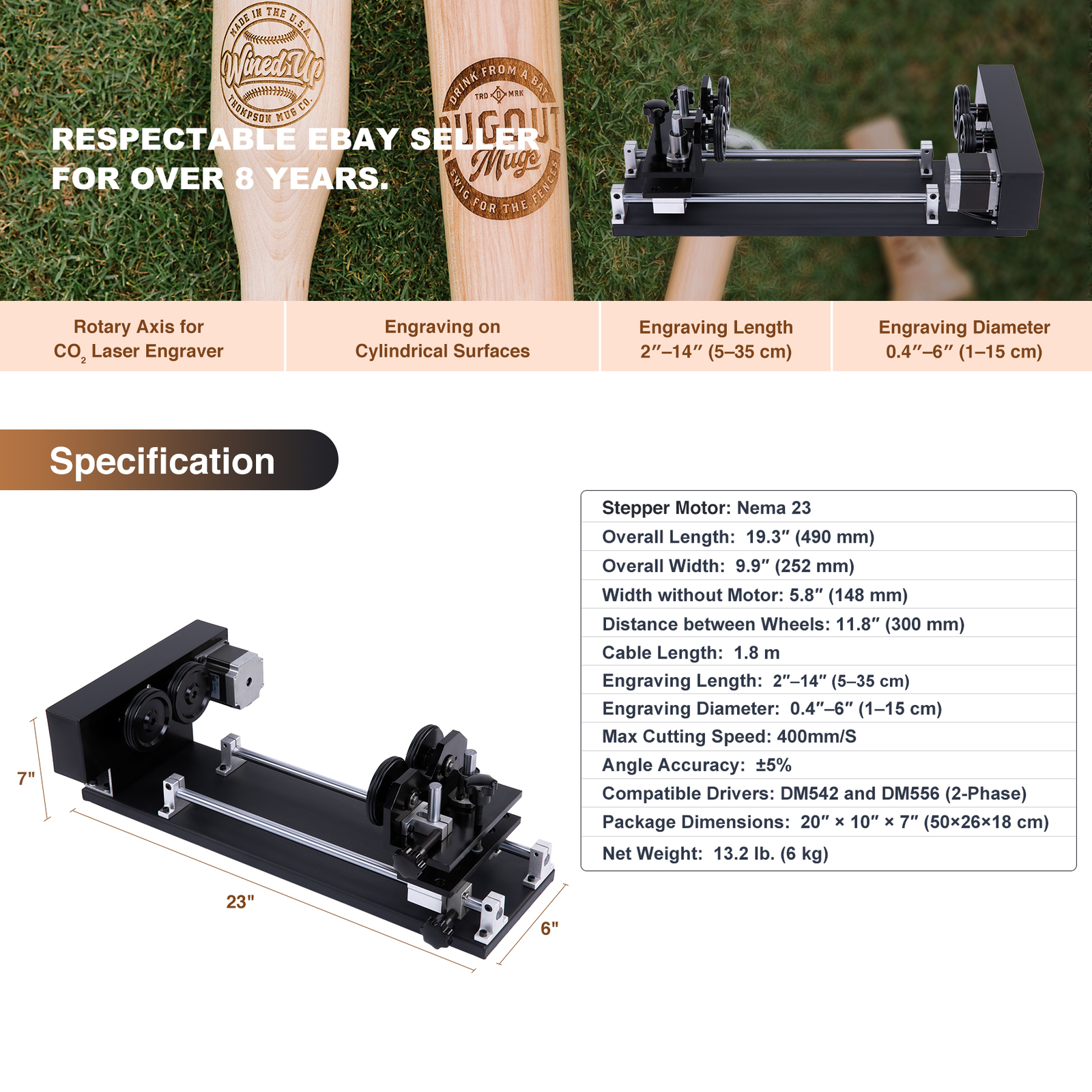 OMTech Rotary Axis for Cylinder Surface Rotation for CO2 Laser Engraver Cutter
