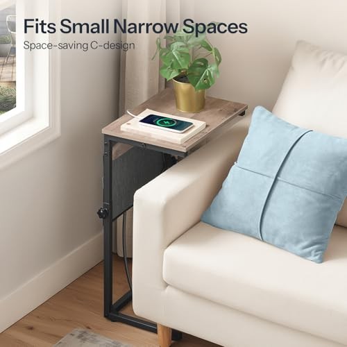 C Shaped End Table with Charging Station, 30” Adjustable 1 Greige + Black