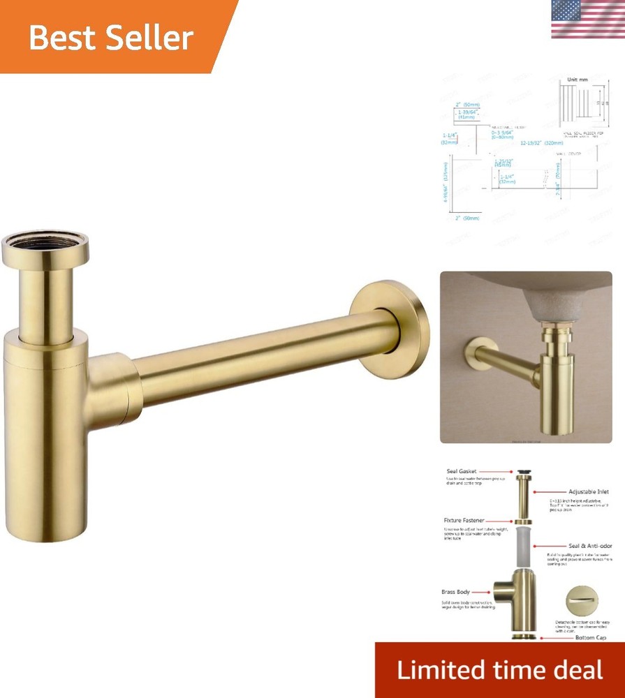 Brushed Gold Brass Bottle Trap for Bathroom Sink - Elegant Drain Solution