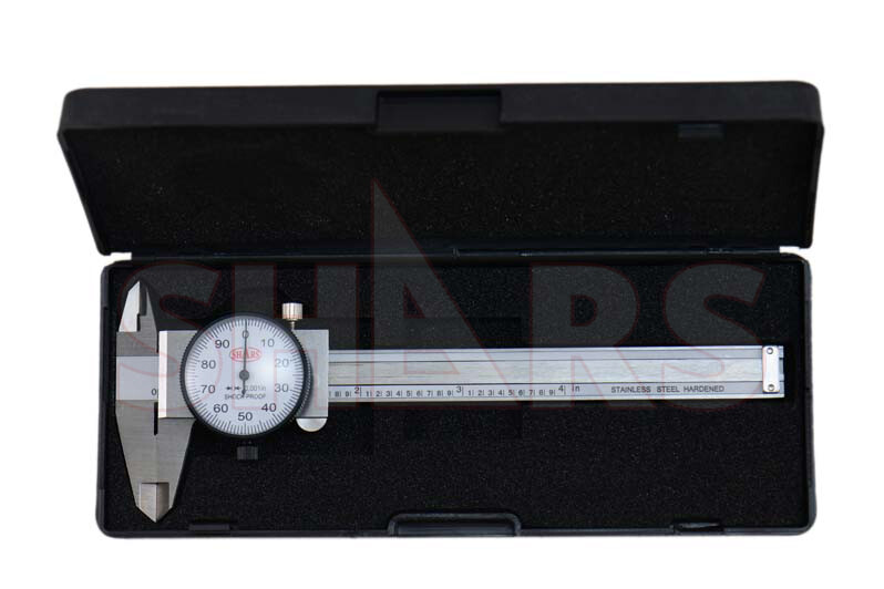 SHARS 4" DIAL CALIPER SHOCK PROOF .001" STAINLESS 4 WAY + Inspection Report ^}