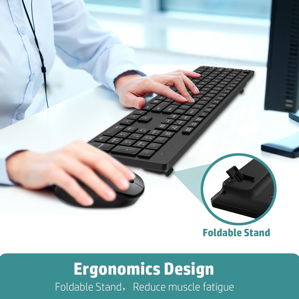 LeadsaiL Wireless Keyboard and Mouse Combo, Full-Sized Ergonomic Computer Keyboa