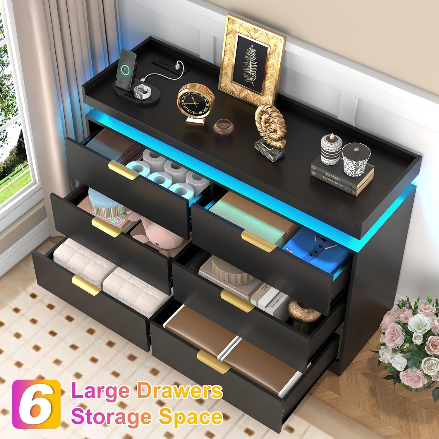 6 Drawer Dresser for Bedroom, Black Dresser with LED Lights and Power Outlet, Mo