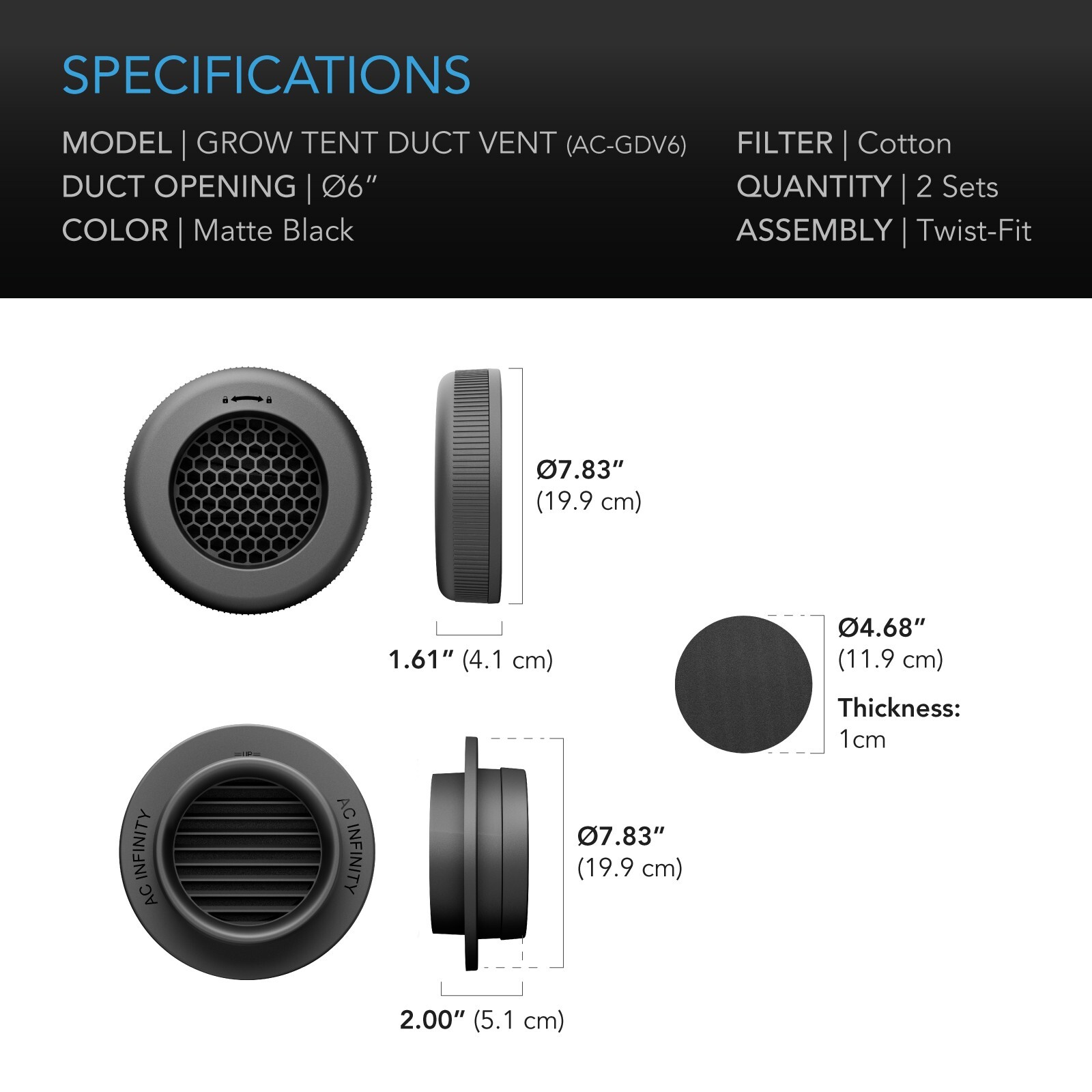 AC Infinity 6-Inch Grow Tent Duct Vent Attachment 2-Pack