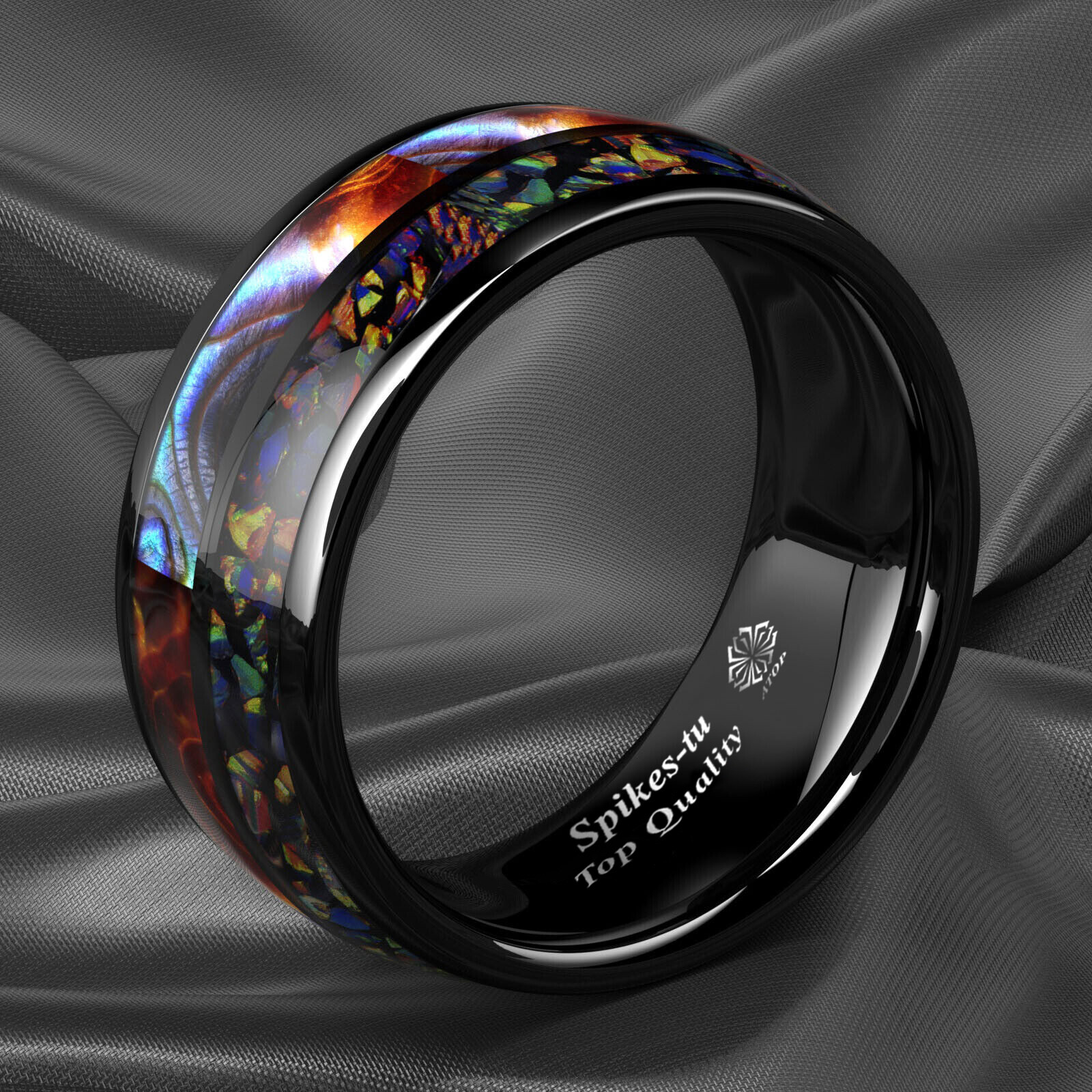 8/6mm Black Tungsten Ring Hawaiian Opal and Abalone Inlay Men ATOP Wedding Band