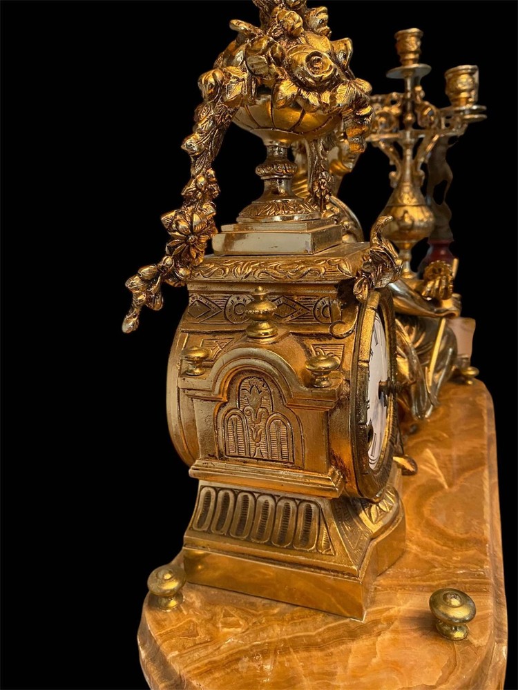Empire Triptych Gilded Bronze Marble Base Clock and Candlesticks