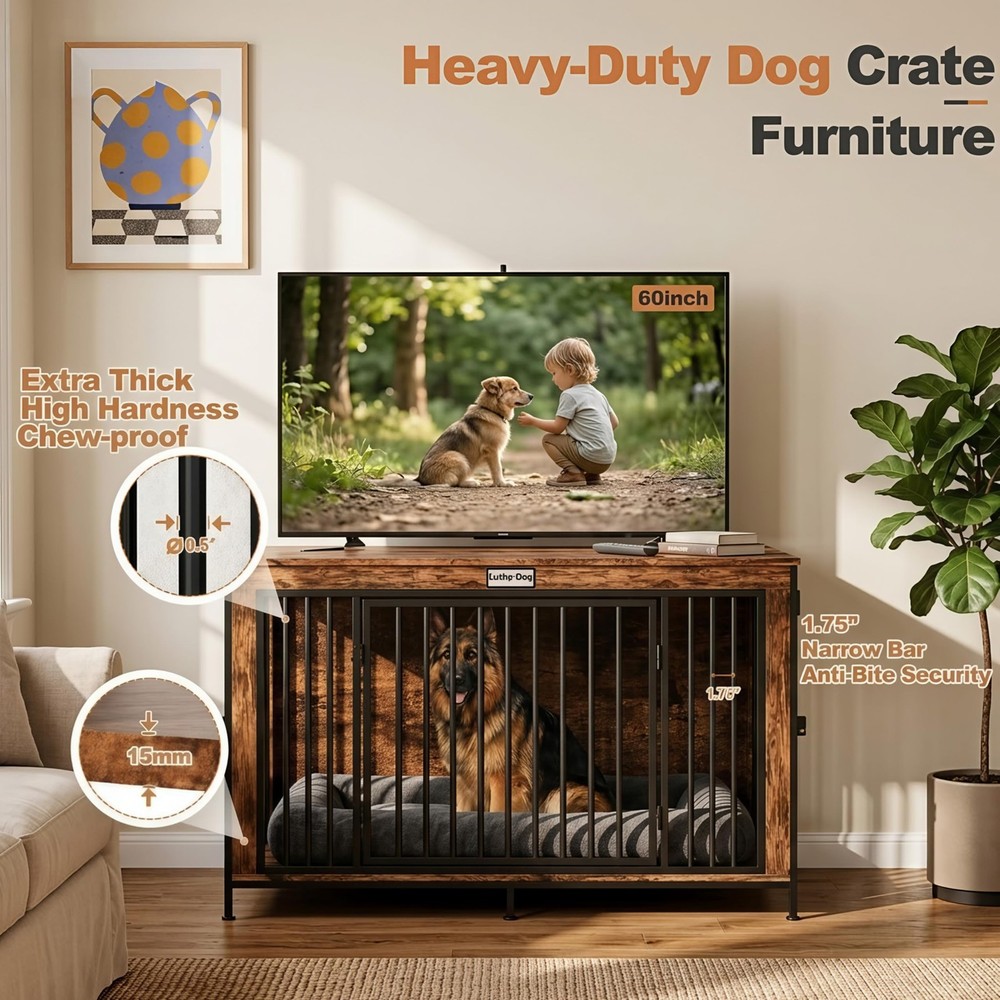 XL 48 Inch Rustic Wooden Dog Crate Furniture TV Stand Entertainment Center