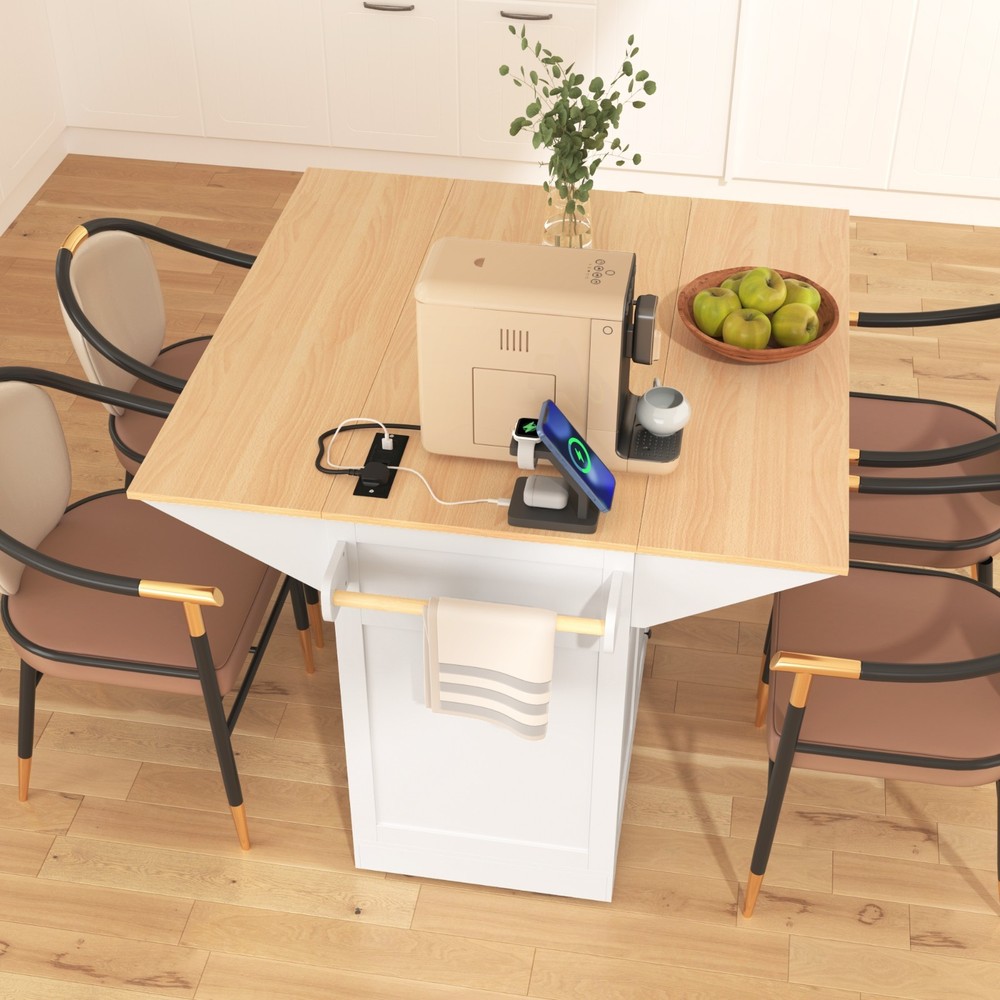 White 55.7'' Large Kitchen Island 2 Drop Leaf,, Rolling Kitchen Cart 5 Wheels