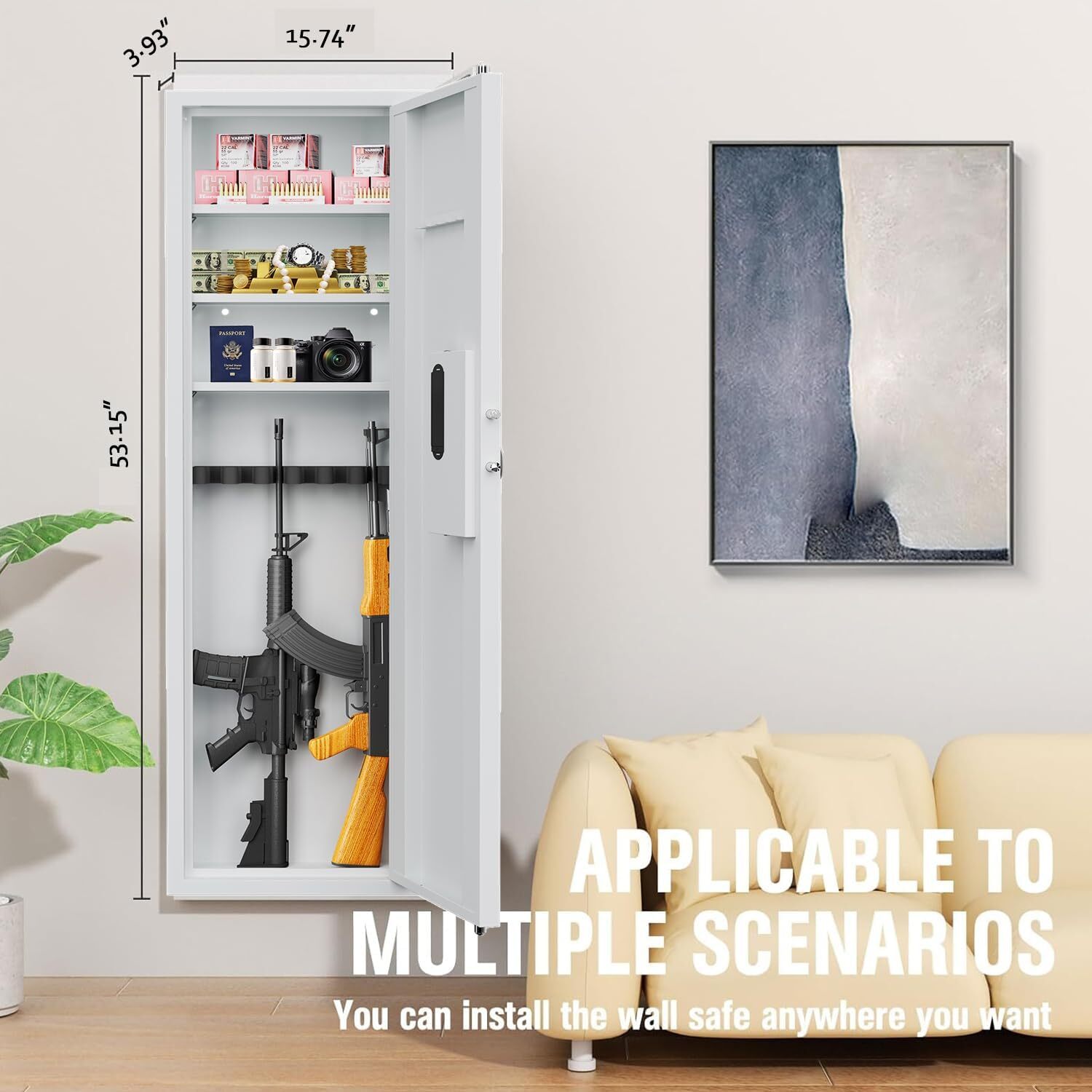 53"Fingerprint In-Wall Safe for Rifles w/Adjustable Shelves,Hidden Wall Gun Safe