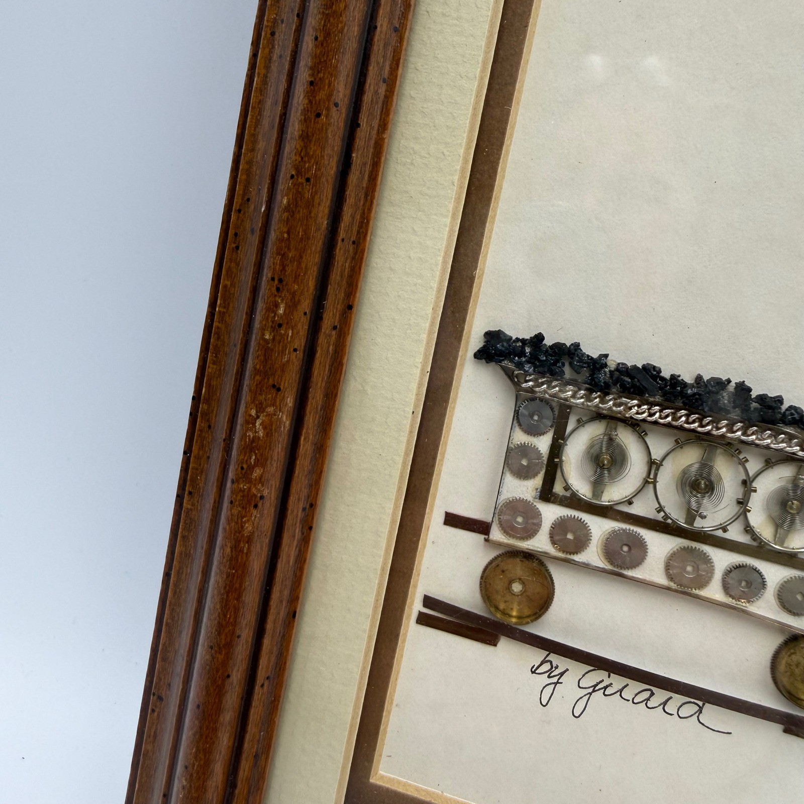 Vintage Handmade Framed Train Art Watch Gears & Findings