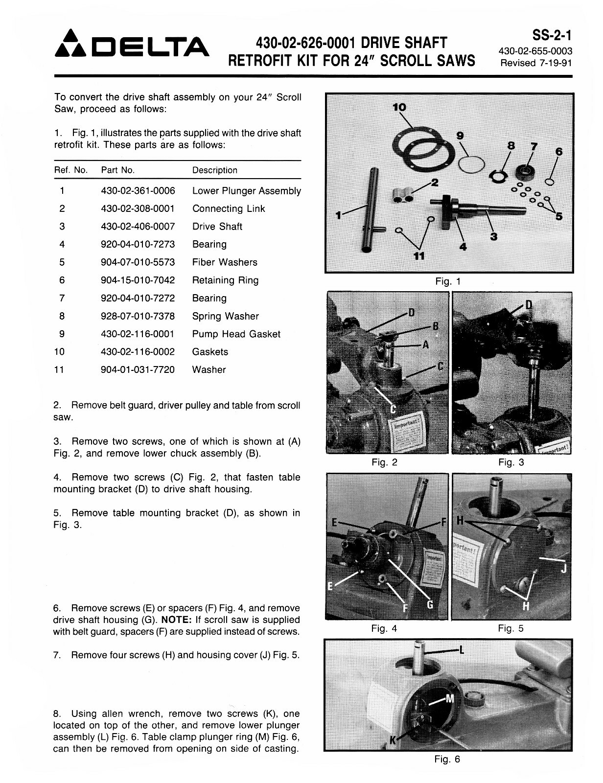 Delta 24" Scroll Saw Older Style Operating, Maintenance & Parts Manual #1954