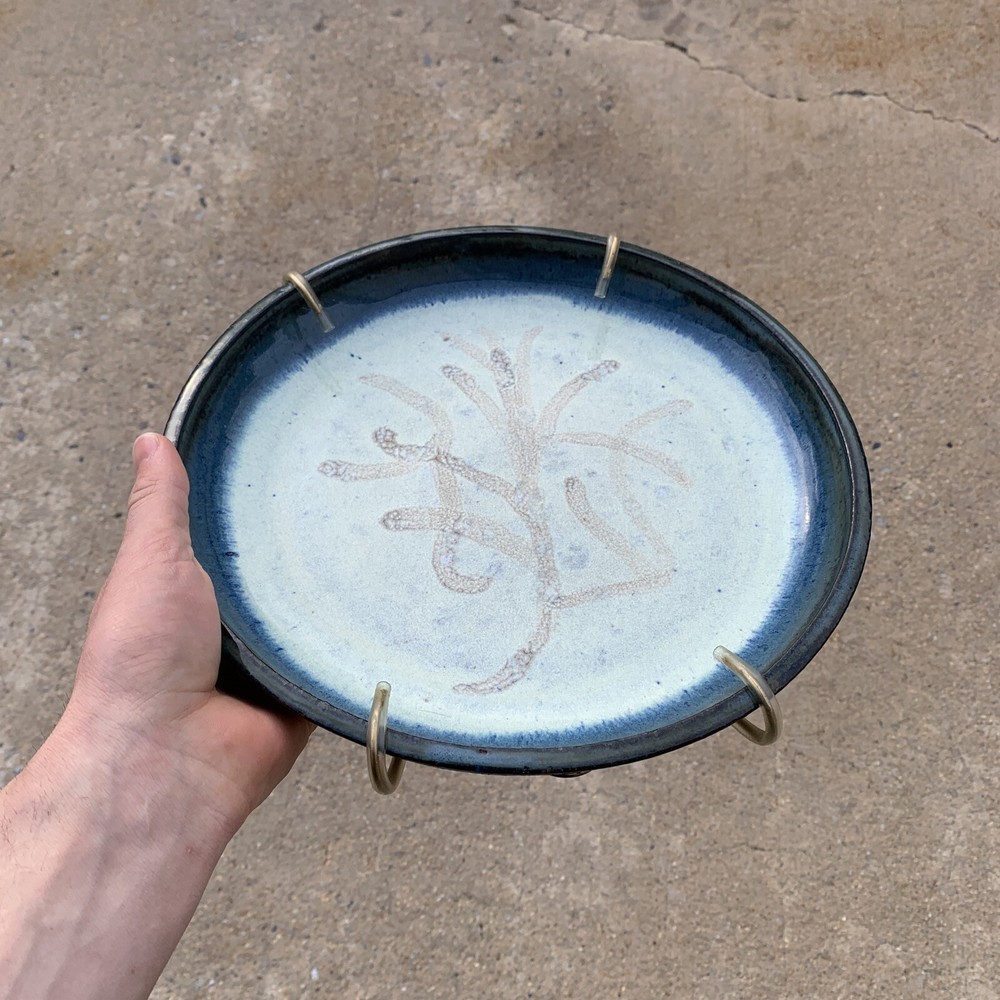 Art Studio Pottery Plate Platter Display 10” Blue Tree Star Kelp Pattern- Signed