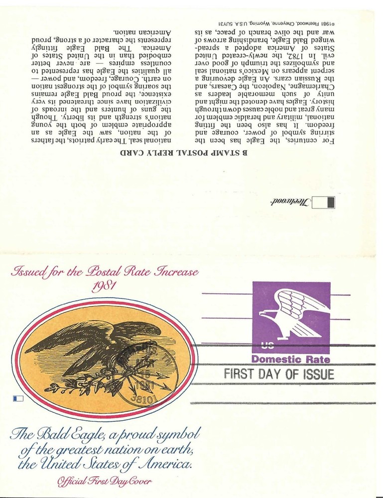 STAMP US SCOTT UY31 "Stylized Eagle" 2POSTCARDS ATTACHED 12 + 12 CENT 1981 FDC-A