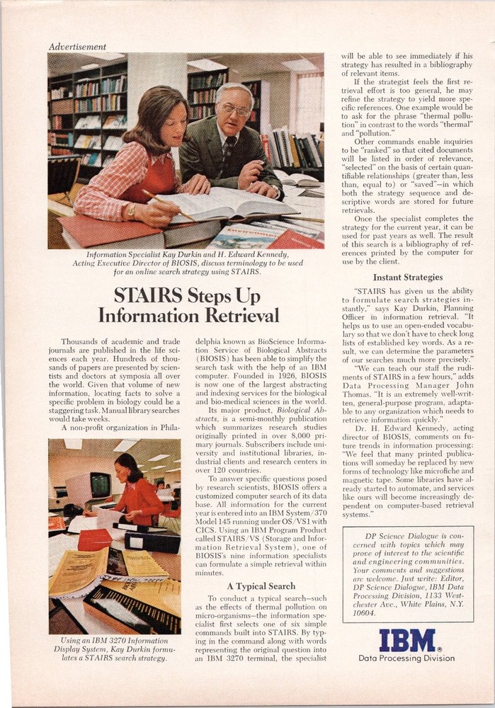 IBM Original 1974 Print Ad STAIRS Information Retrieval System Sci American