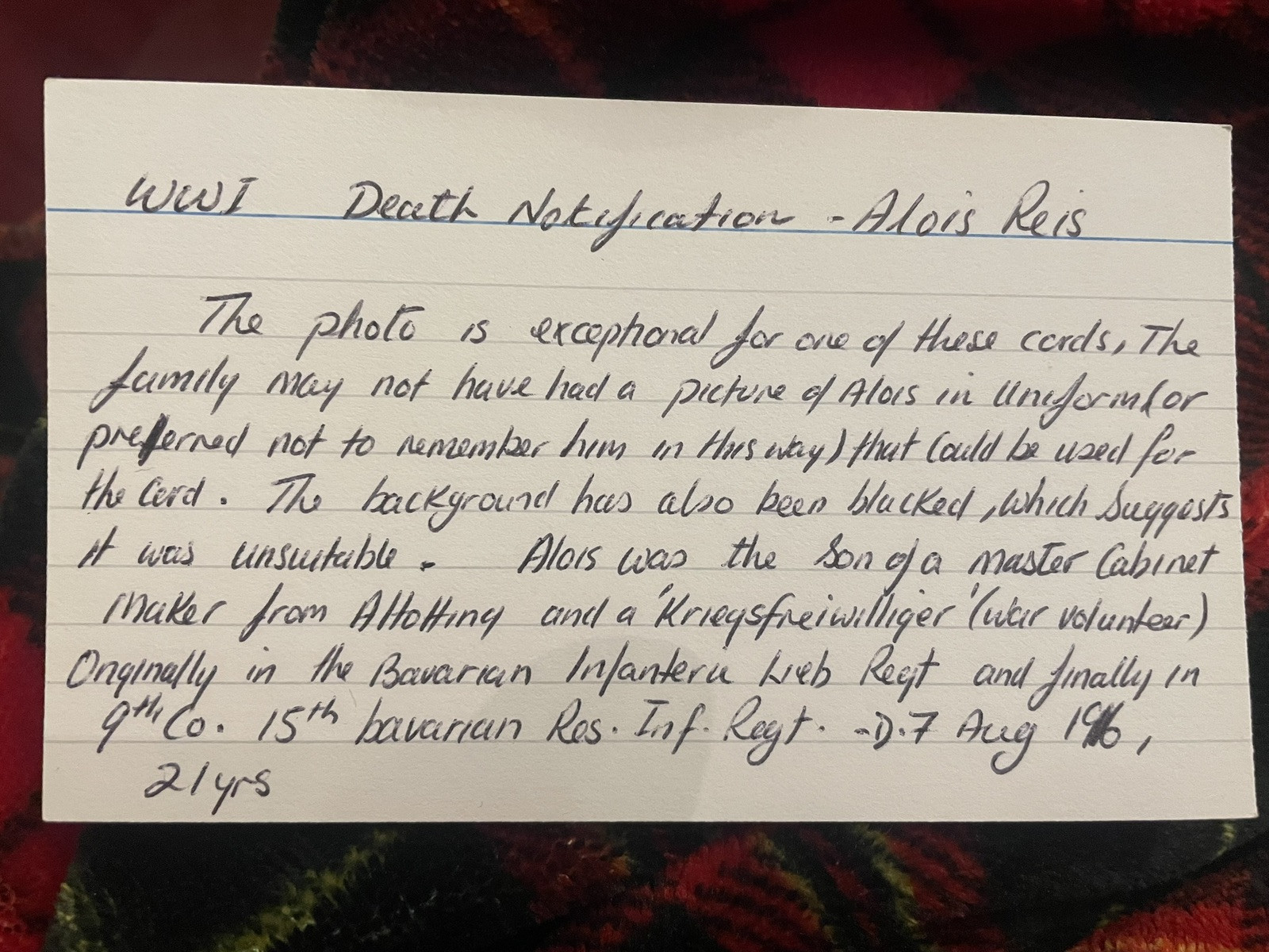 WW1 German Death Card Alois Reis 15th Bavarian Inf 7 August 1916 Allotting