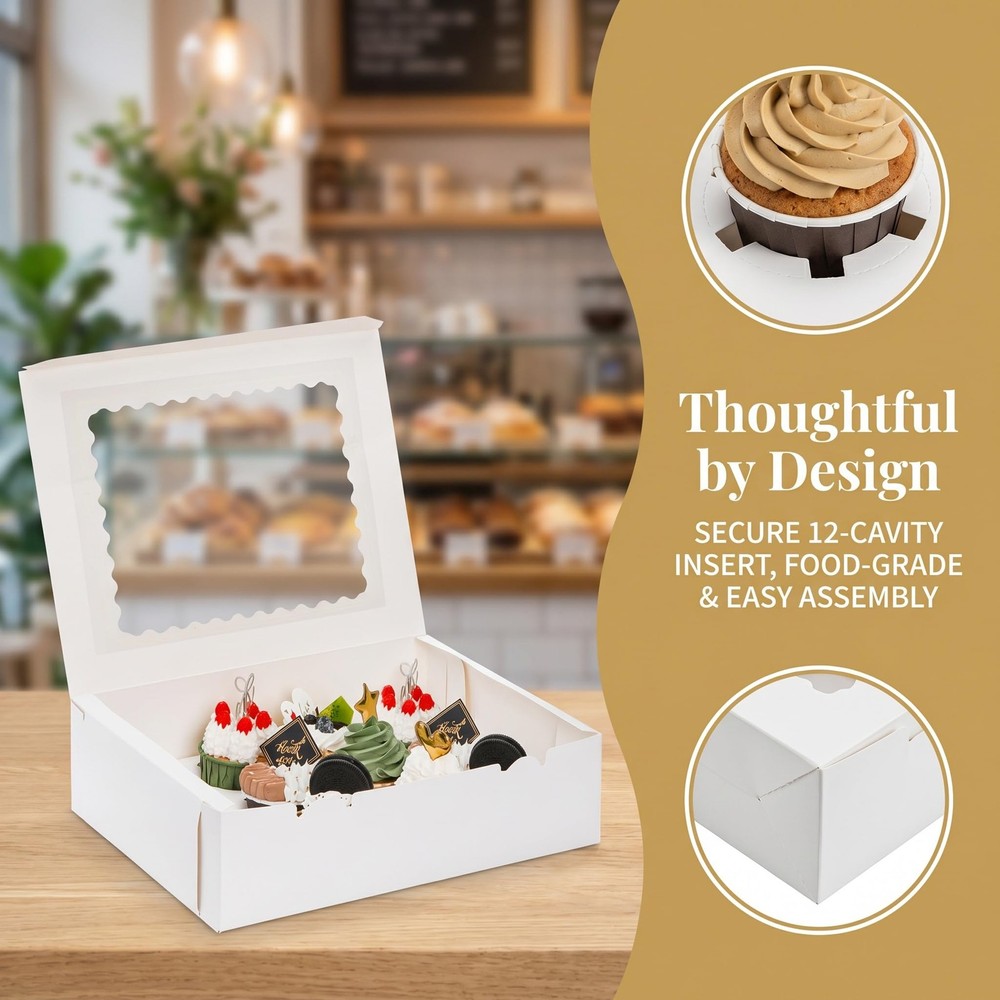 20 Pack White Paper Cupcake Boxes 12 Counts With Inserts Window Pastry Cookie