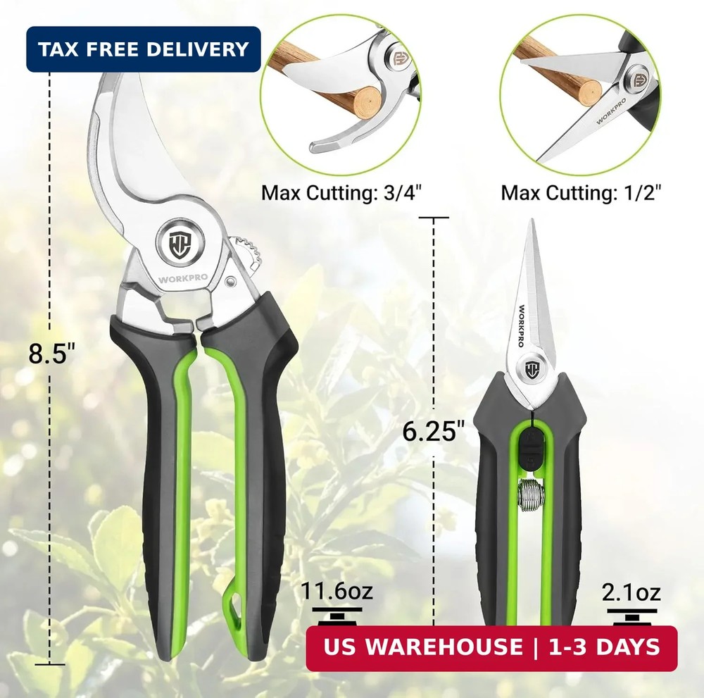 WORKPRO Garden Pruning Shears 2 Pack, 8.25" Bypass Pruning Shears and 6.25" Stra