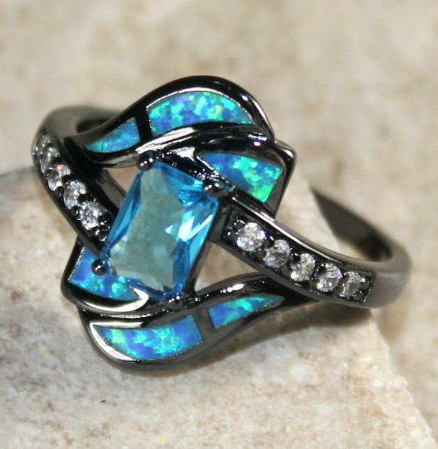 BLACK SILVER Elegant Blue Fire Opal & Sky Blue Topaz Ring WR40501