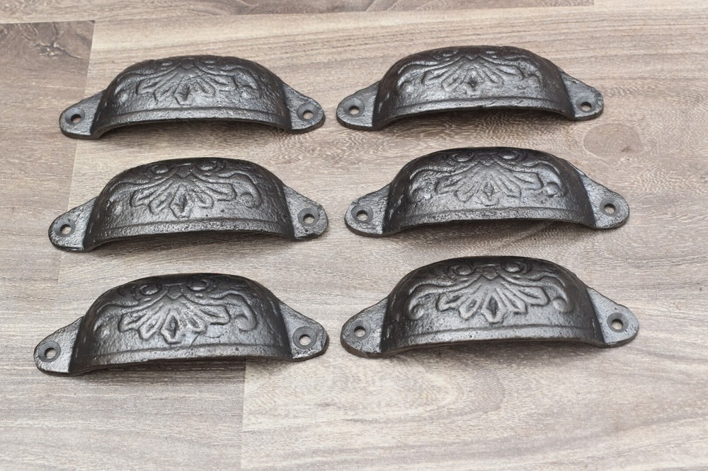Vintage cast iron Cup Bin Pulls cabinet drawer door knobs handles pull rustic 6p