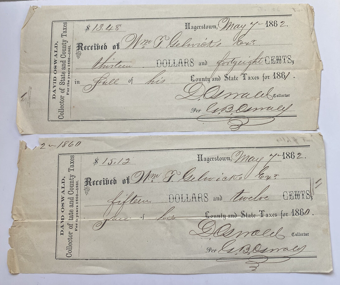 2 19th Century 1862 Hagerstown Maryland MD State & County Tax Receipts