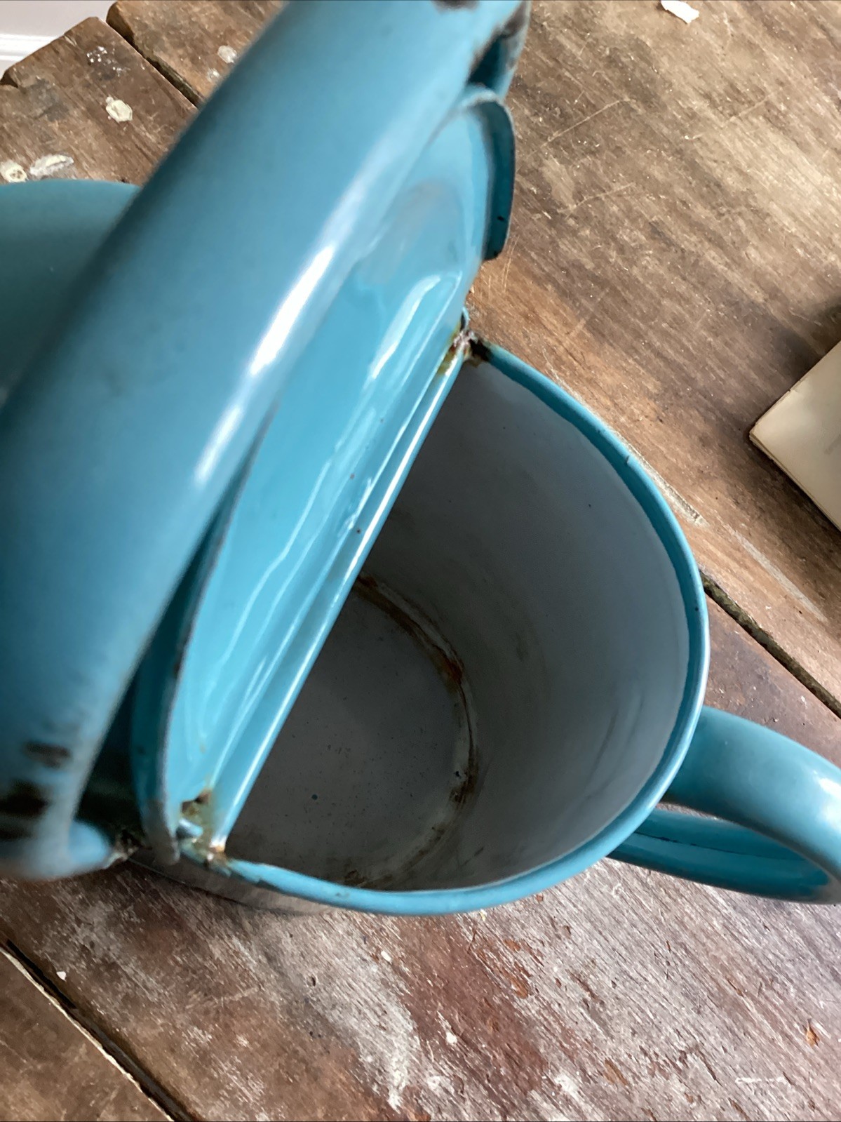 Antique Light Blue Enamel Ware Watering Can c1900 European Vintage