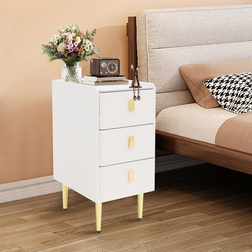 3 Drawer Narrow Side Table - Leather & Wood, Titanium-plated, Rectangular Modern