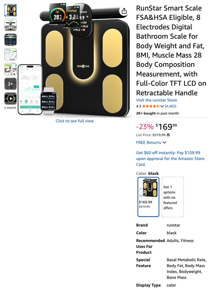 RunStar Smart Full Body Composition Scale, 8 Electrodes, Color TFT Screen – OB
