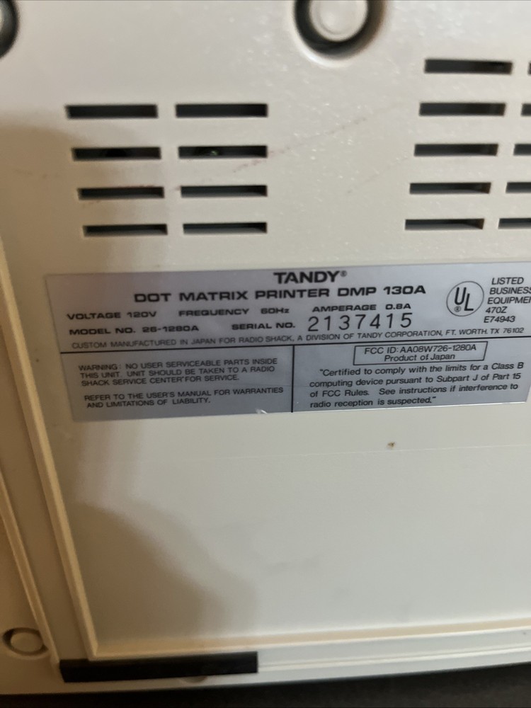 Vintage Tandy DMP 130A Matrix Computer Printer Model 26-1280A Powers On Alert