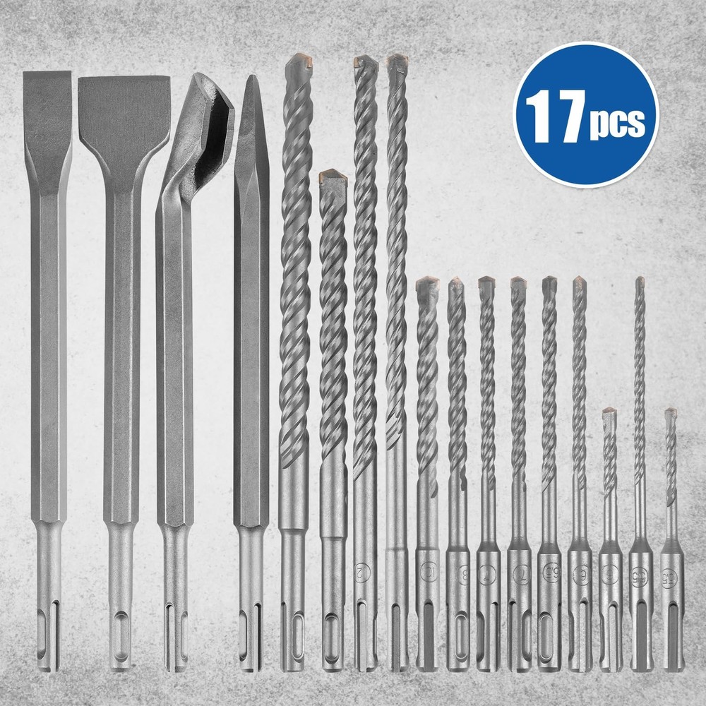 17pcs SDS Plus Concrete Masonry Drill Bits and Chisels Set with Storage Case,...