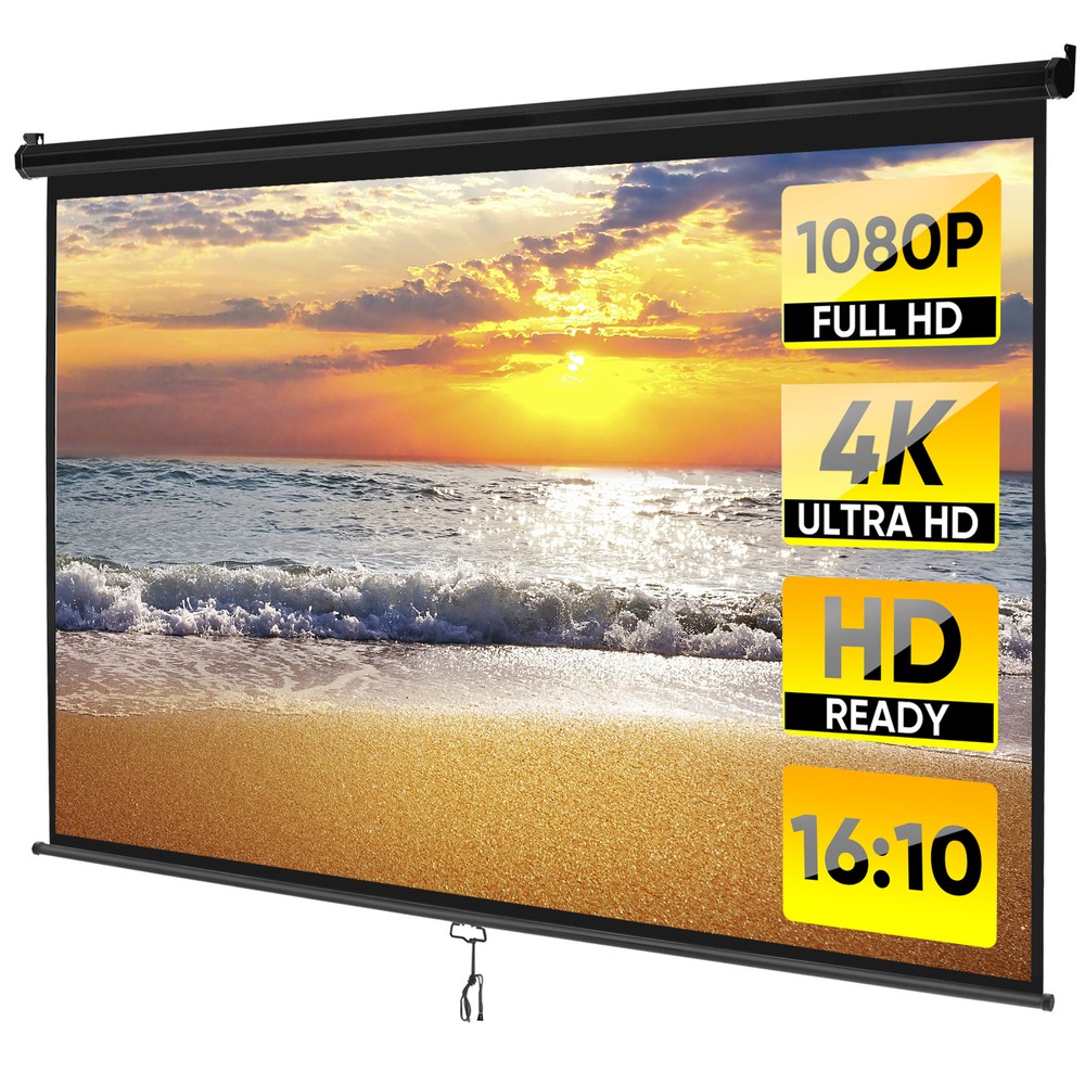 Black Projector Screen Pull Down 16:10 Foldable Wall Mount HD Projection Screen