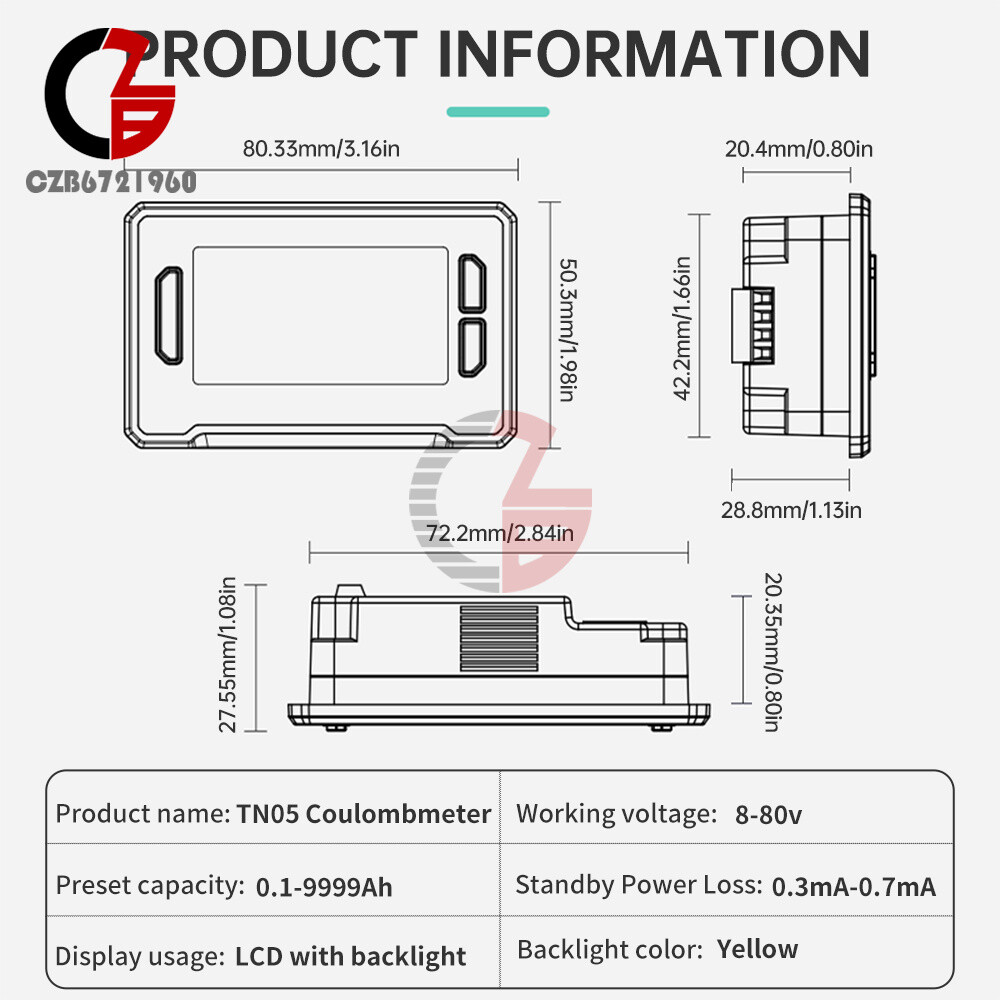 DC Voltage Current Power Meter Battery Power Indicator Built-in Sampler DC 8~80V