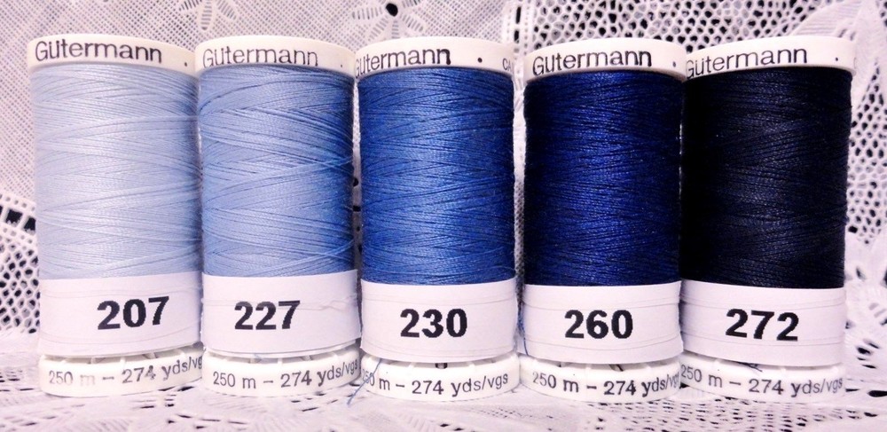 5 NEW 274 yard Spools blue colors GUTERMANN 100% polyester sew-all thread