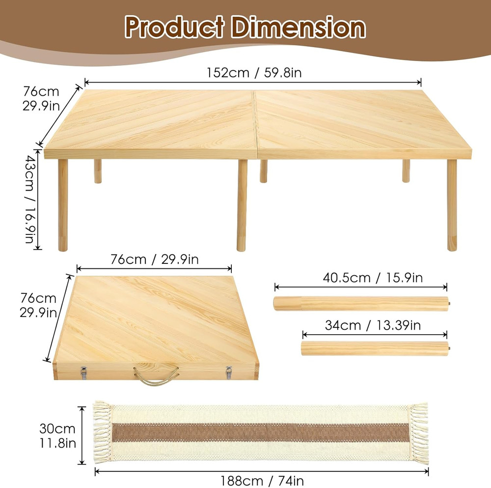 Folding Picnic Table with Table Runner, Portable Boho Low Picnic Table for Indoo