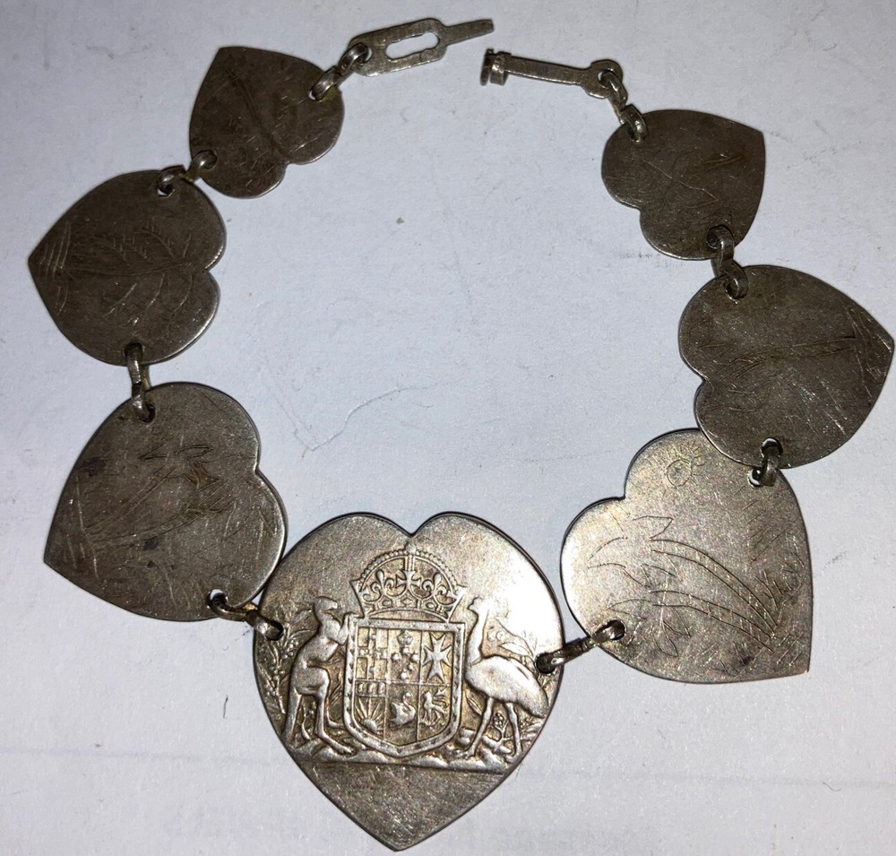 1944 WWII Trench Art US Army or Navy Australia Silver Coins Bracelet New Guinea