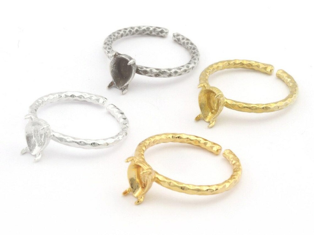 Pear Hammered Ring Base Adjustable Ring Bezel Silver,Raw,Shiny silver-gold 4571