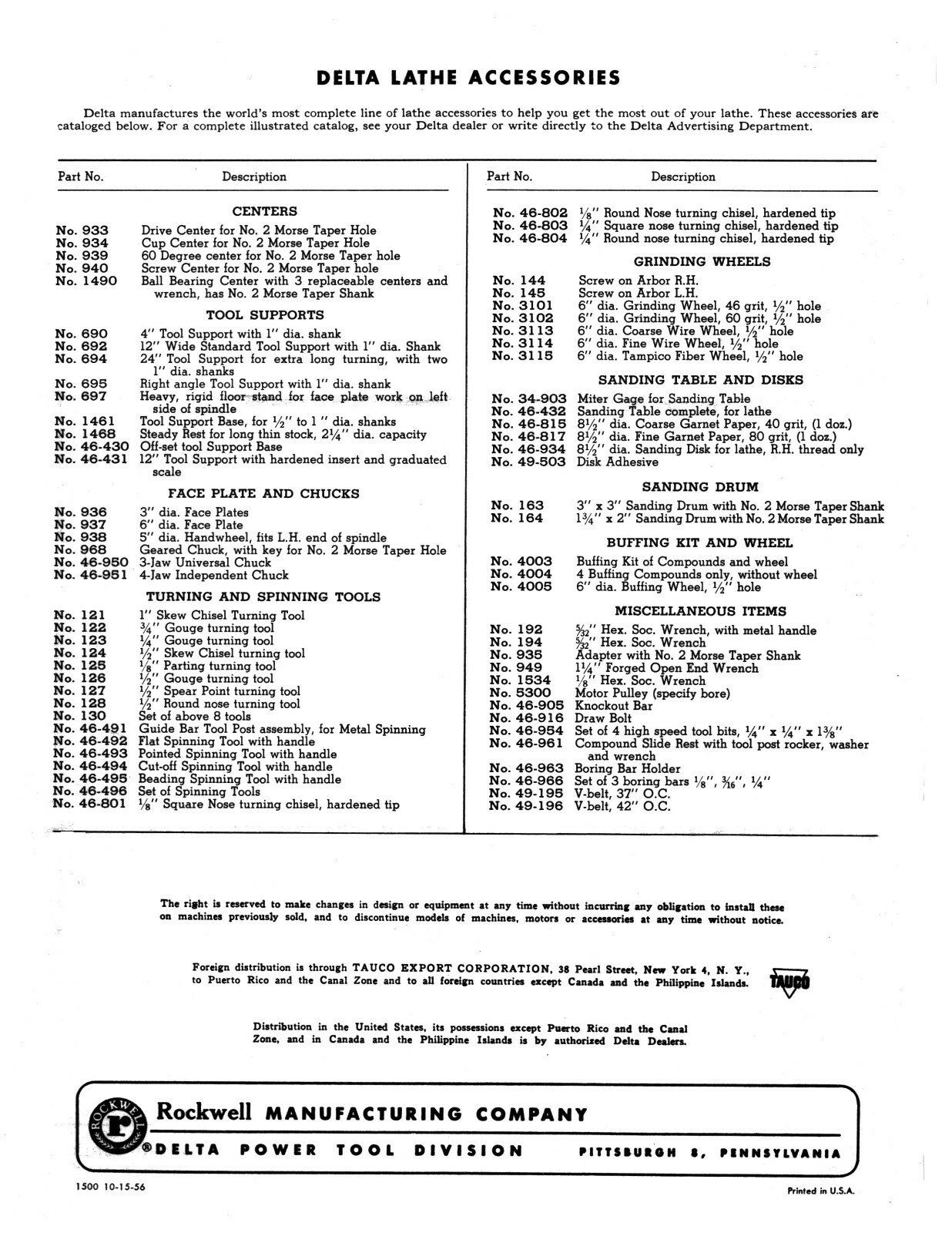 Delta 12" Variable Speed Wood Lathe Operating, Maint & Parts List Manual #1960