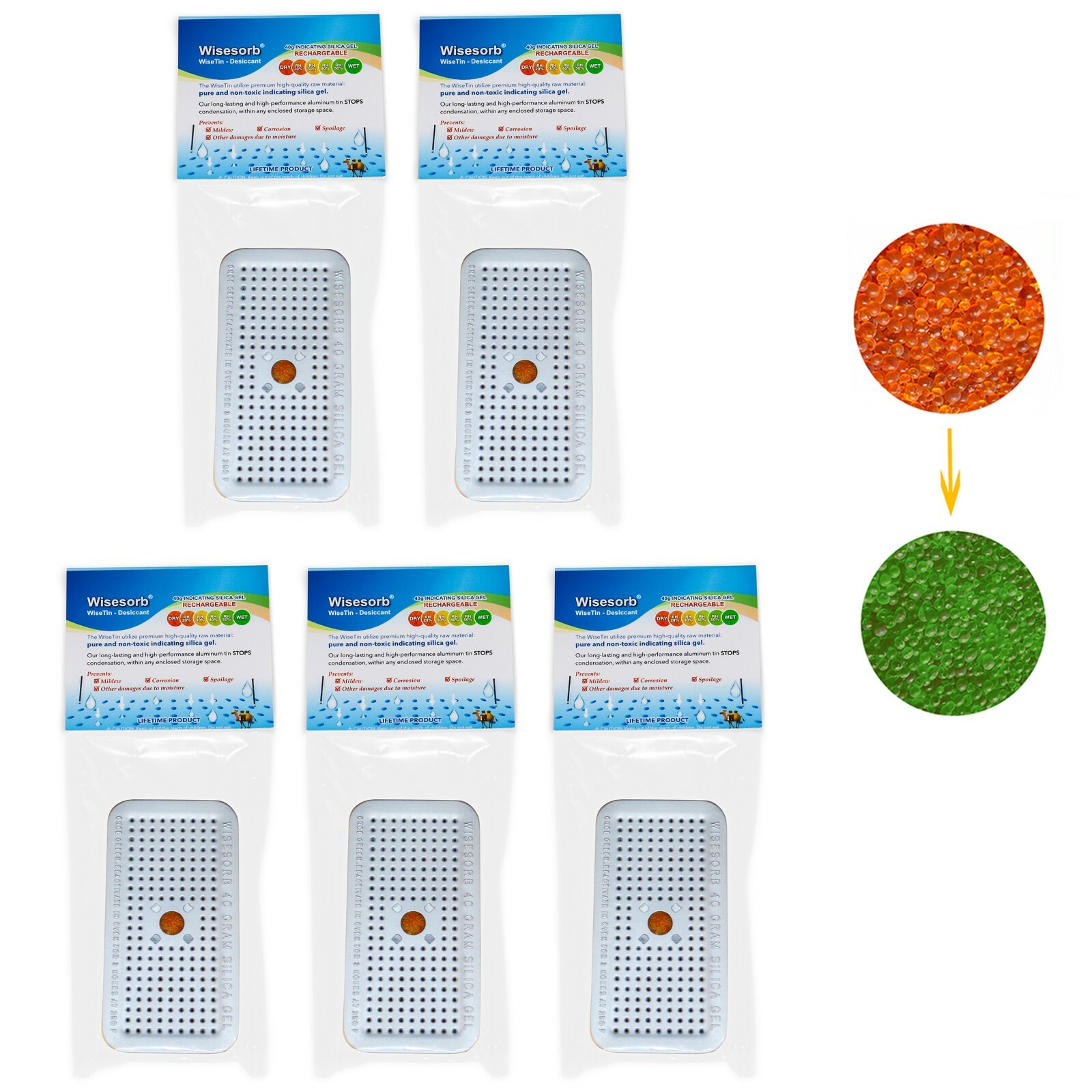 40Gram Silica Gel Canister Reusable Indicating Desiccant Dehumidifier 5 Pack