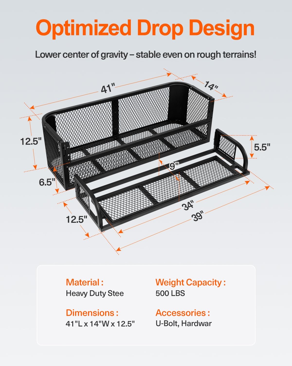 Heavy Duty ATV UTV Rear Cargo Basket Drop Style Steel Storage Rack 500 lbs