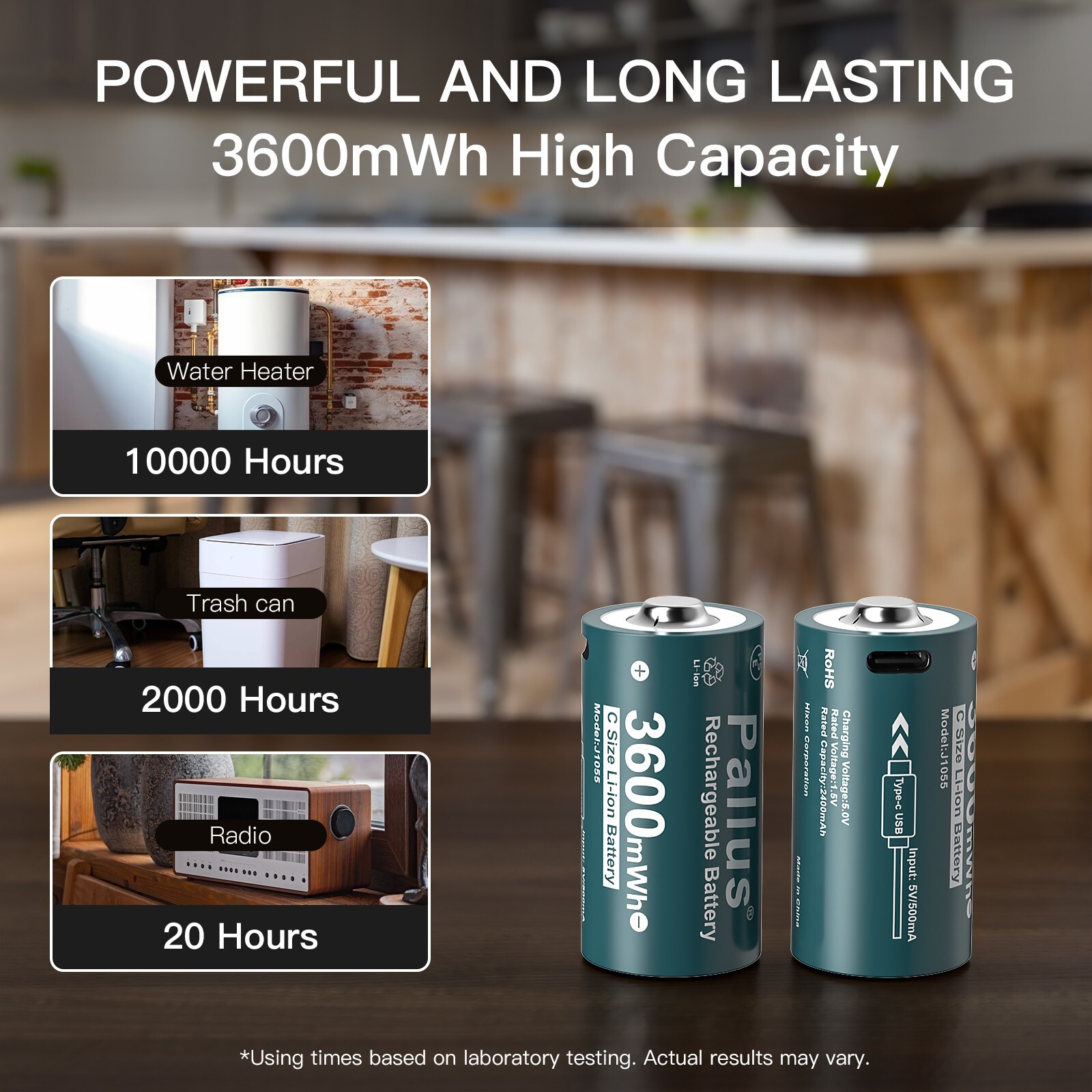 1.5V USB Rechargeable Lithium C Batteries with 4in1 Charger Cable 3600mWh