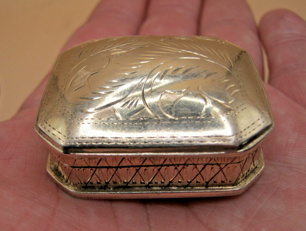 Vintage Solid Silver Cushion Shaped peppermint Box With Engraved Border