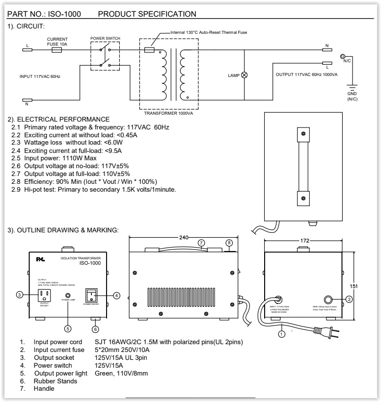 1000VA,/Watts AC Isolation Transformer with Pass-Through Grounding,