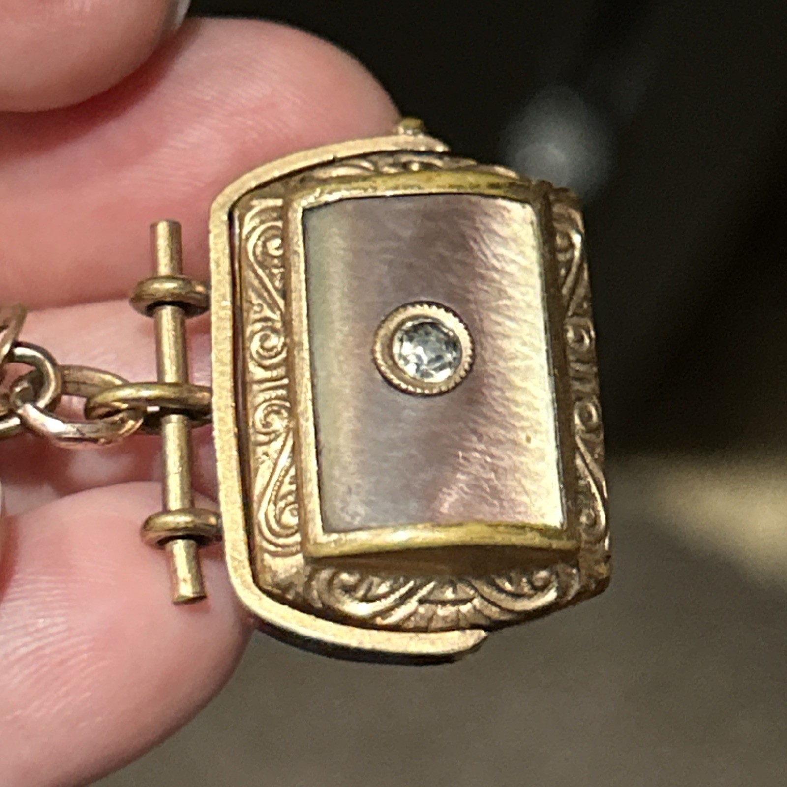 Vintage CHARNIER 1/10 Watch Chain Rose GF Abalone Carnelian Spinner GF Fob 11”