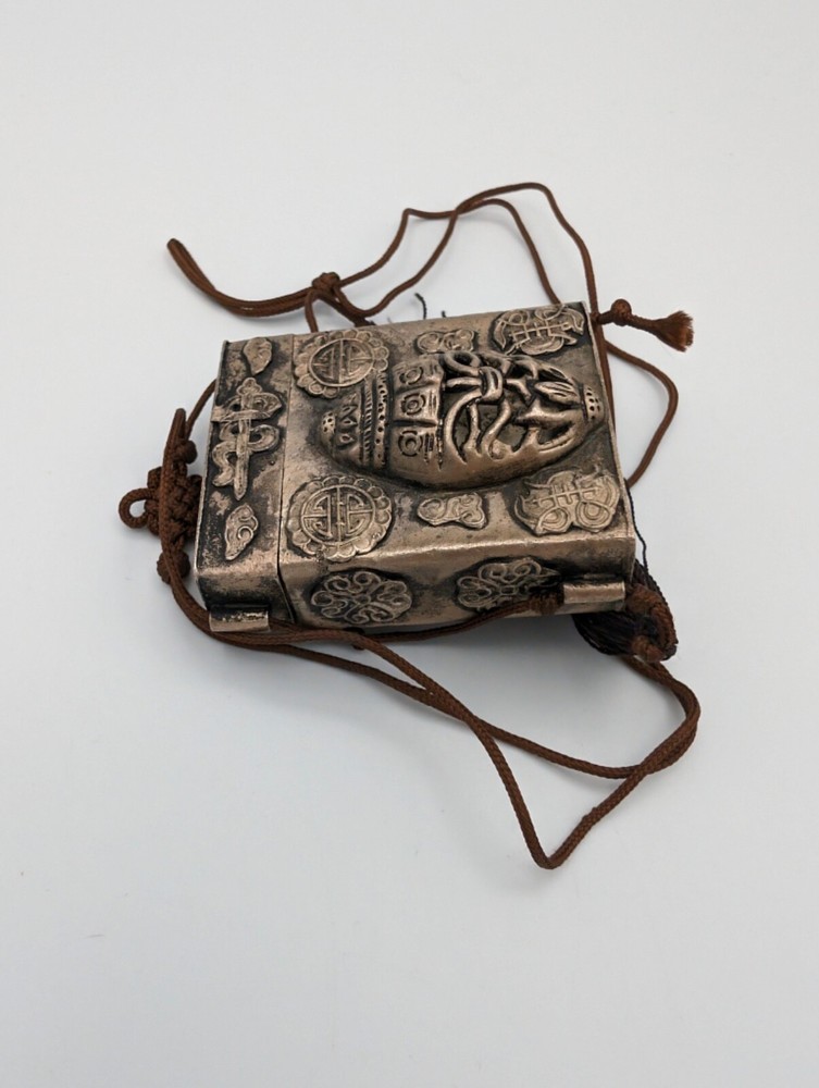 Vintage Repousse Snuff Box/Trinket Box on String Cord