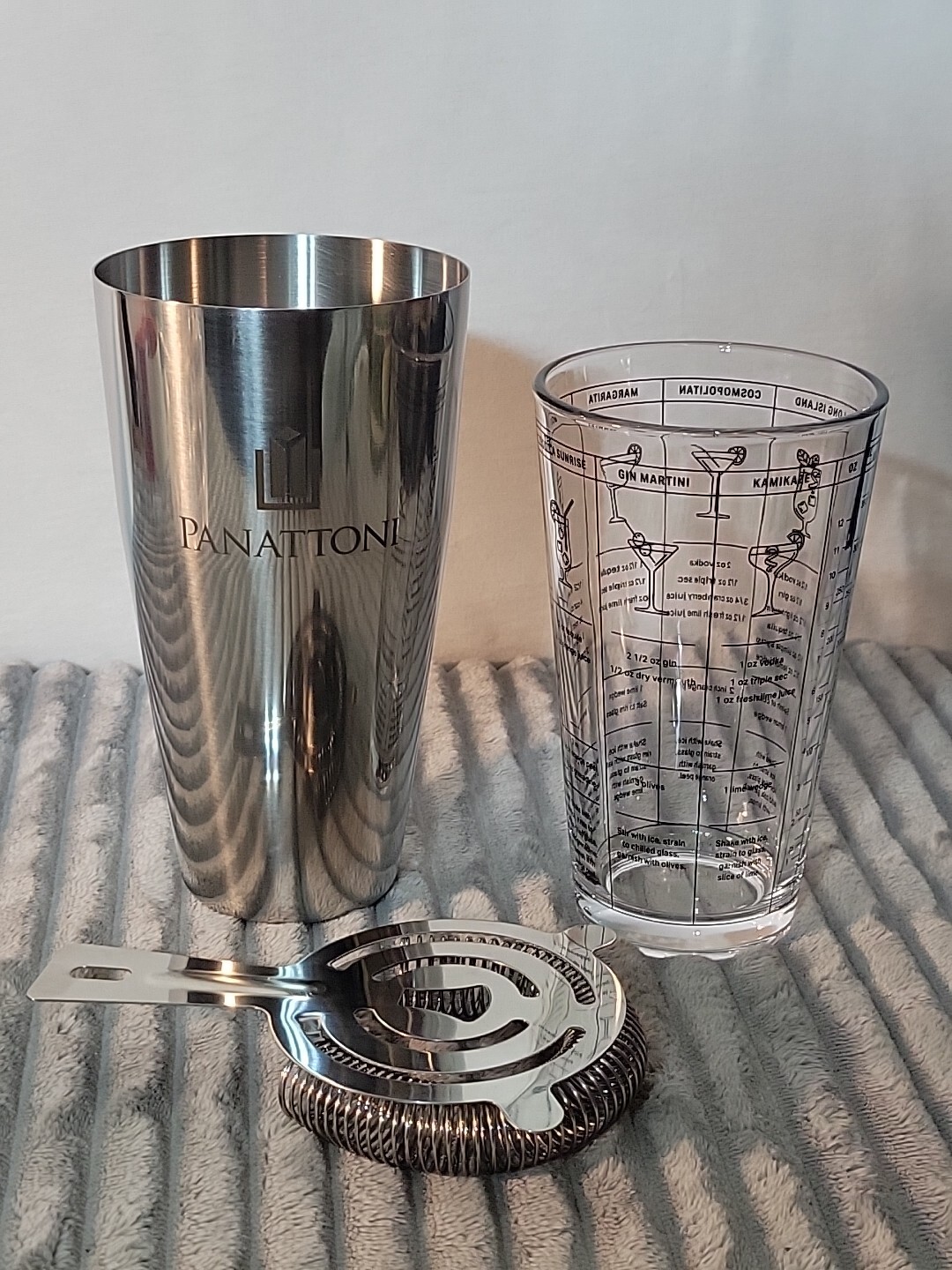 3 pc BOSTON COCKTAIL SHAKER Bar KIT Panattoni Mixing Glass, Strainer Barware